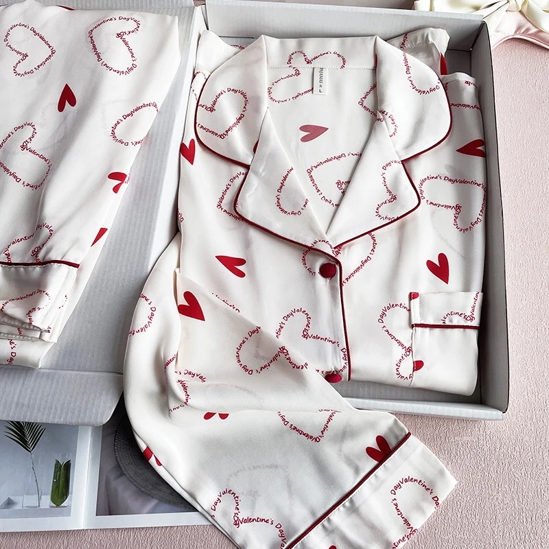 女性用長袖サテンパジャマ,ナイトウェア,愛らしい,2枚,春夏