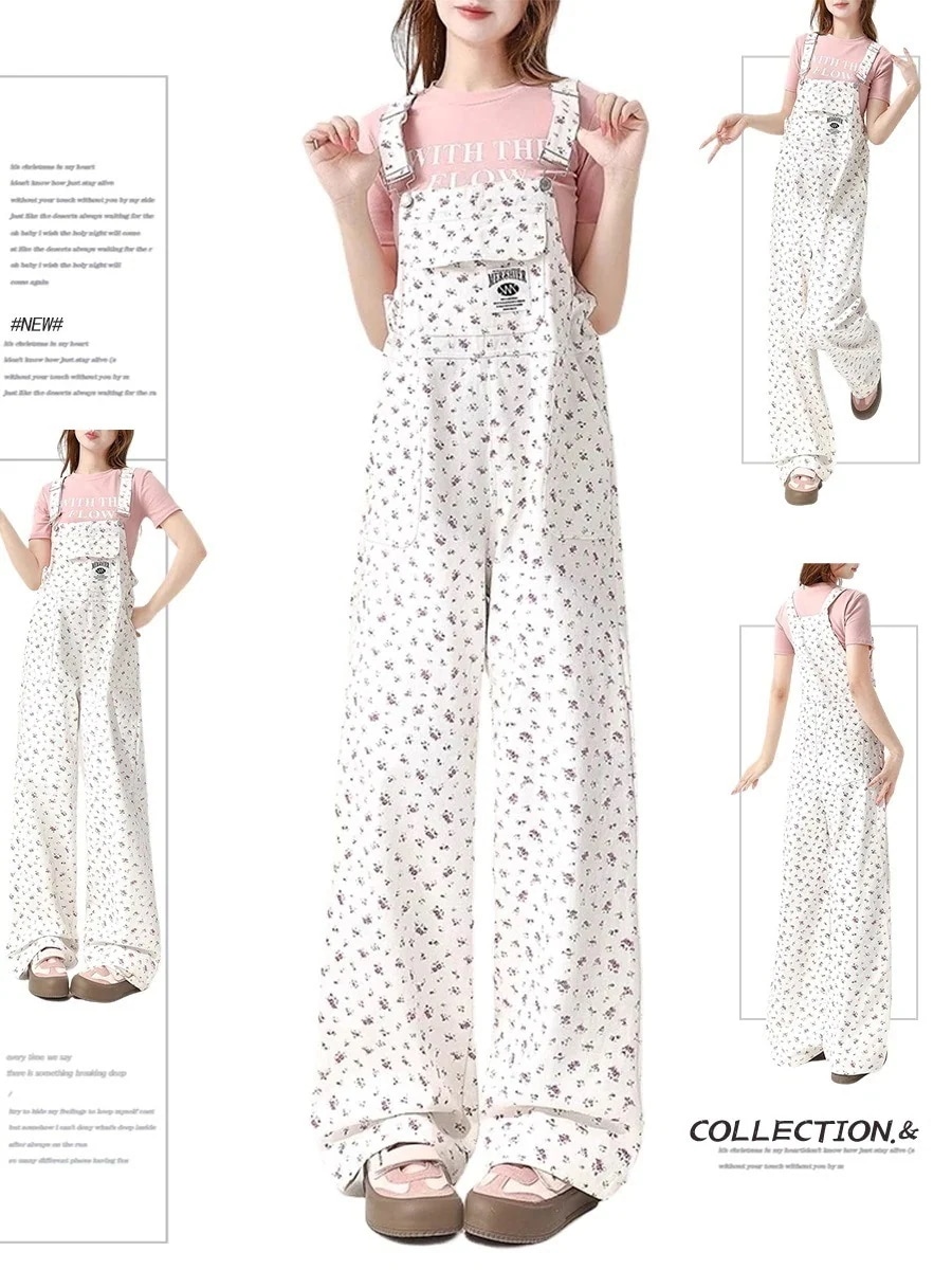 百掛け 着痩せ サロペット 新作 白の花柄サロペット夏のワーキングデニムのロンパース
