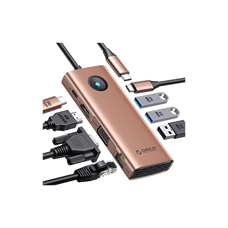ORICO USB C ハブ 3*USB3.0 4K@60Hz HDMI出力 100W PD充電 1080P VGAポート 1Gbpsイーサネット USB2.0 LAN変換アダプ USB-Cポート 5