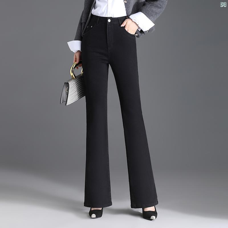 レディース ブラック デニムブーツカットパンツ 秋 フレアパンツ ハイウエスト スリムフィット ジーンズ