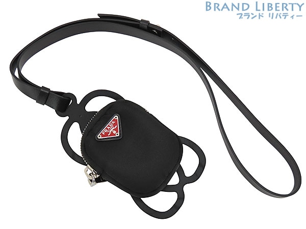 ほぼ新品プラダPRADAナイロンスマートフォンホルダーストラップネックストラップスマートフォンケースアイフォン ブラック レッド 1ZT001
