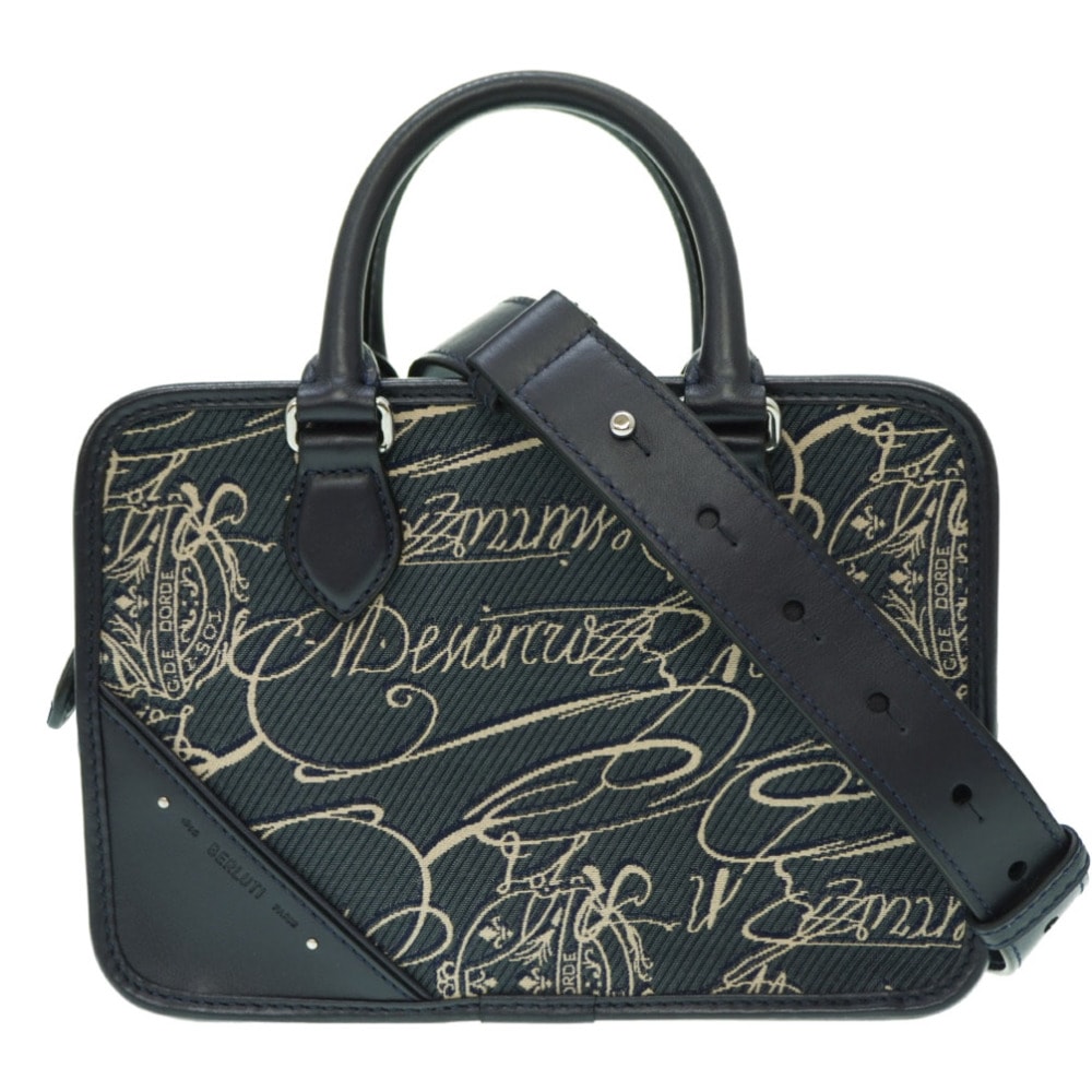 美品 アンジュール ガリバー スクリットアラベスクキャンバス ハンドバッグ キャンバス/レザー ネイビー 0026【中古】 メンズ