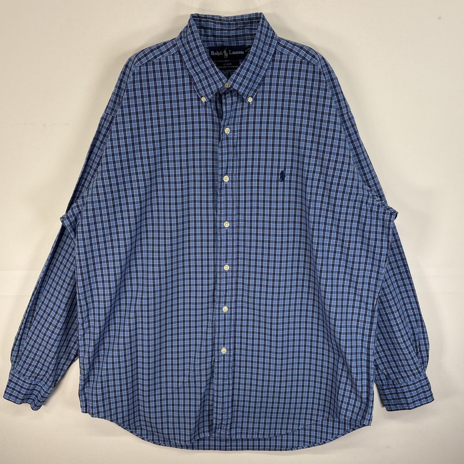 古着 長袖シャツ ロゴ 刺繍 チェック柄 ボタンダウン L ブルー系 マルチカラー メンズ