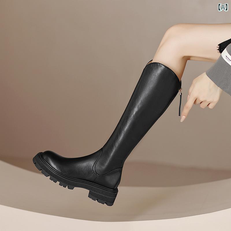 ロングブーツ レディース タイトフィット シンプル おしゃれ スタイルアップ 革 ラウンドトゥ ナイト ブーツ 太い ヒール ハイ ブーツ V 口 ブーツ
