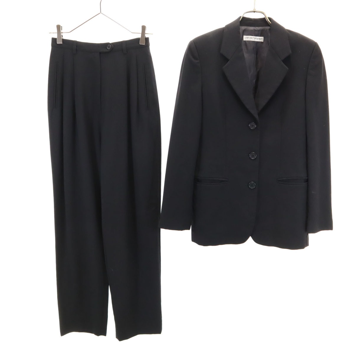 90s イタリア製 ウール オールド パンツスーツ 上下セットアップ 38/42 黒 レディース 古着