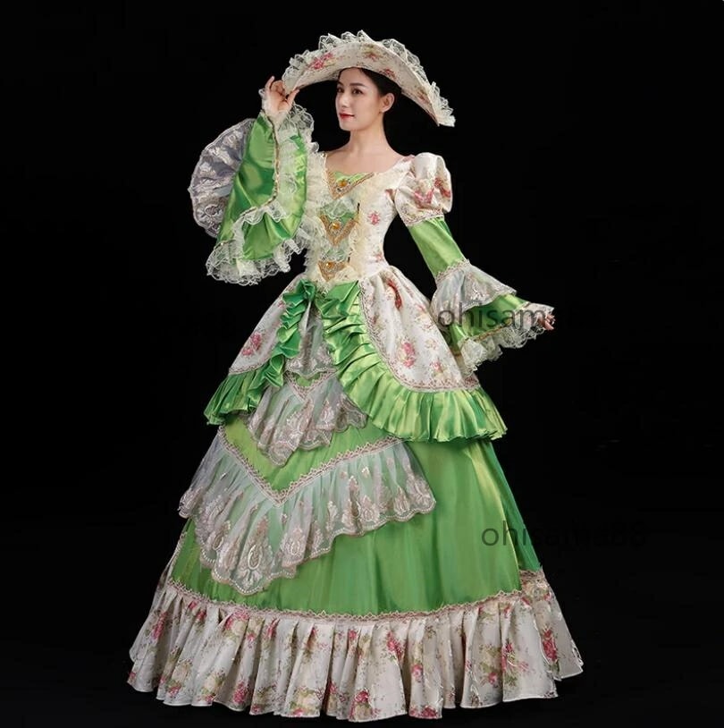 貴婦人ドレス フレア袖 中世貴族風 宮廷ドレス お姫様ワンピース オペラ声楽 舞踏会 プリンセスドレス 演劇 文化祭 学園祭 ステージ衣装　ヨーロッパ風ドレス 貴族ドレス ハロウィン クリスマス 華や