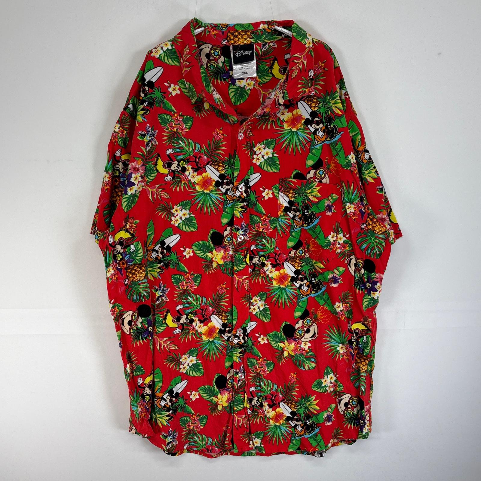 古着 半袖シャツ アロハ ミッキー キャラクター 大きいサイズ 2XL レッド系 総柄 メンズ
