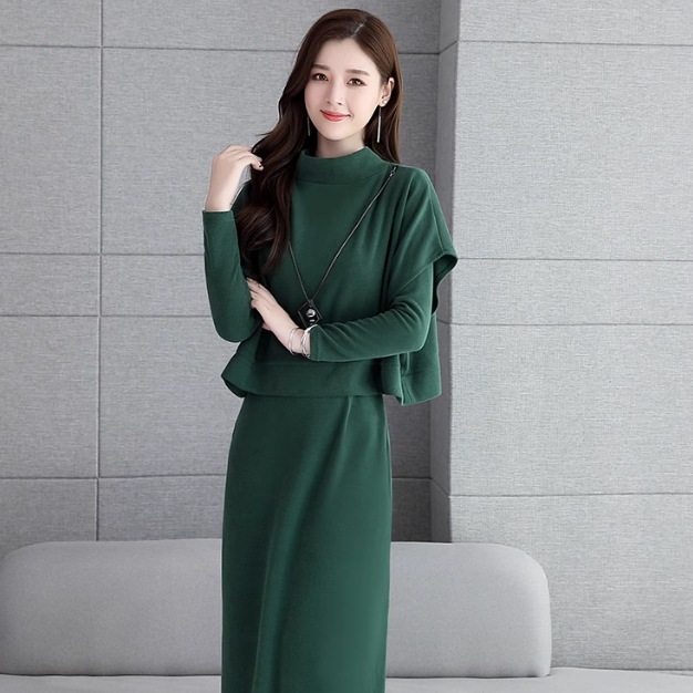 ツーピース セットアップ ニットソー ワンピドレス ロング丈 袖あり 長袖 ラウンドネック 襟なし ストレート Iライン ファスナー ハイウエスト ニット かわいい 大人可愛い きれいめ シンプル