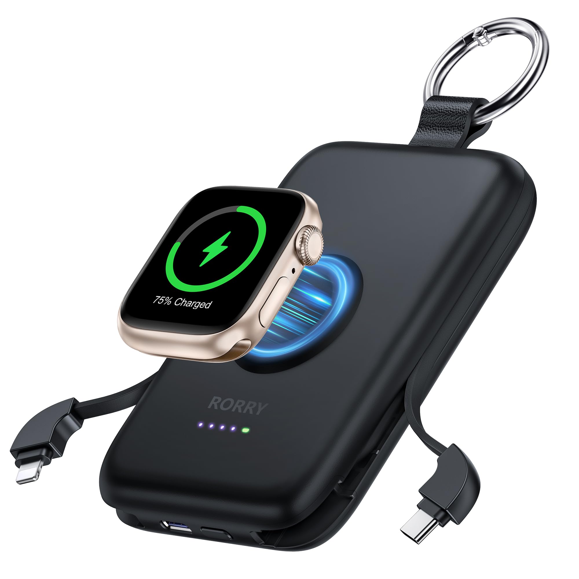 RORRY【進級プロ版 大容量】モバイルバッテリー 10000mAh ケーブル内蔵 アップルウォッチ 充電器 (20W USB-C&iPhone用ケーブル) 3in1 軽量 小型 4台同時充電 磁気充