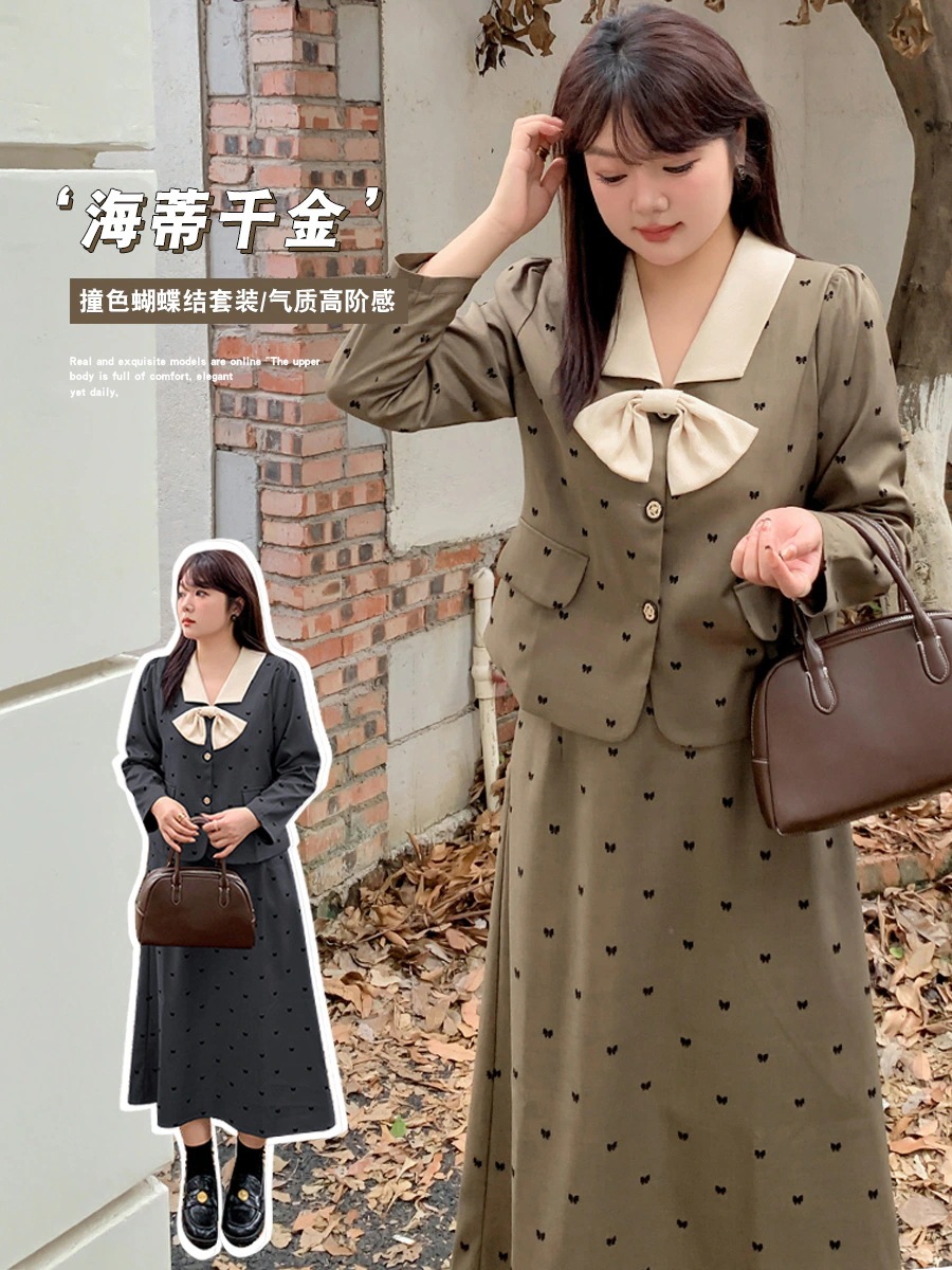 【ぽちゃまに】 2024秋新品 上下セット 大きいサイズ 体型カバー レディース 蝶結び スカート セットアップ メガ割30%までに制限