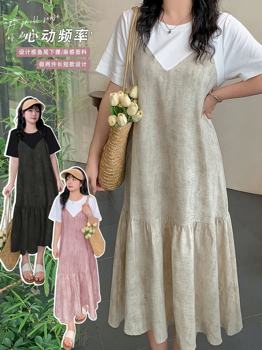 【急速発送】ワンピース ロンT レディース 体型カバー 大きいサイズ マーメイド ドッキング Tシャツワンピース ニセ2セット 夏