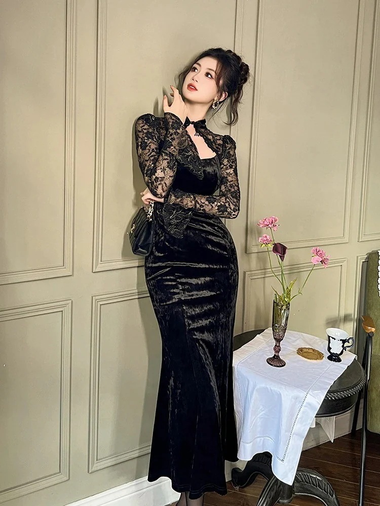秋冬 チャイナドレス レース フリル ベルベット パーティードレス キャバ 着痩せ 大人 同窓会 披露宴 卒業式 結婚式 演奏会 ウェディング 二次会30%までに制限