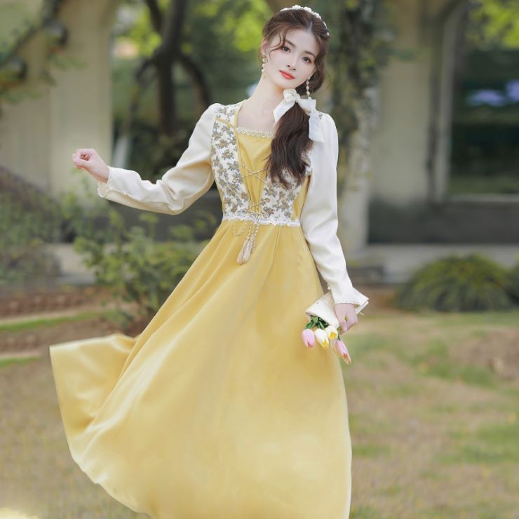 スクエアネックタイフロント長袖ワンピース ワンピース ドレス ドレス 二次会 結婚式 大人 上品 入園式 卒業式 入学式 OL レディース 春 夏 秋 冬