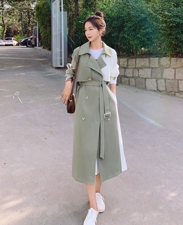 トレンチコート レディース アウター 春 秋 バイカラー コート ロングコート 春秋 スプリングコート 大きいサイズ ウエストベルト ウエストマーク ゆったり きれいめ カジュアル 上品 シンプル バ