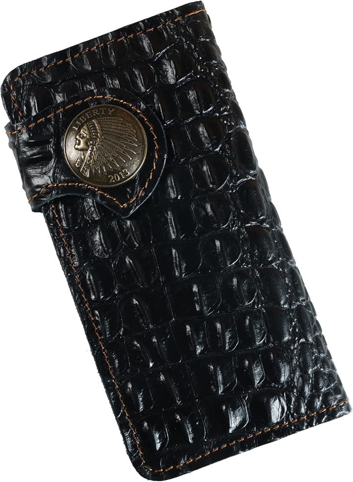 財布 メンズ バイカーズウォレット 長財布 クロコダイル 本革 牛革 クロコ型押し ライダースウォレット レザーウォレット 二つ折り 革財布 メンズ長財布( ブラックxインディアン)