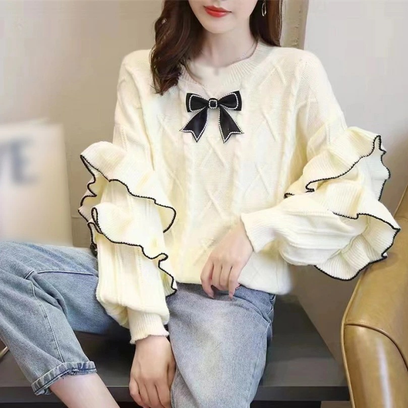 クーポン ふんわり 長袖 ニット フリル セーター クルーネック かわいい 暖かい セーター 上品 ニットセーター レディース オーバーサイズ リボン付き 超可愛い 秋 冬 オフィス 肌触しっとり き