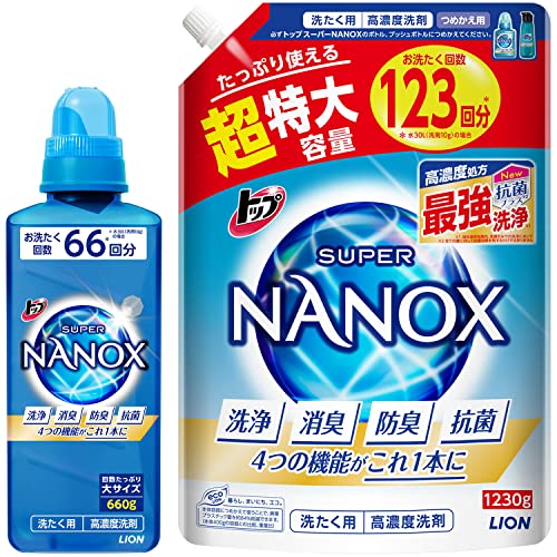 トップ ナノックス(NANOX)【Amazon.co.jp 限定】【まとめ買い 大容量】トップ スーパーナノックス 蛍光剤シリコーン無添加 高濃度 洗濯洗剤 液体 本体大ボトル 660g+詰め替え