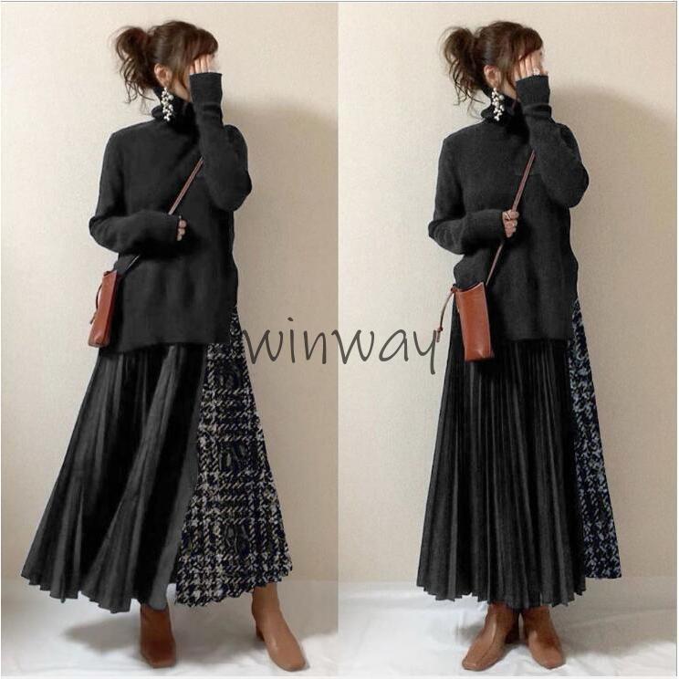 ニット トップス セットアップ ハイネック レディース ロング丈 秋 冬 バイカラー 長袖 体型カバー 秋冬 上品 通勤 OL