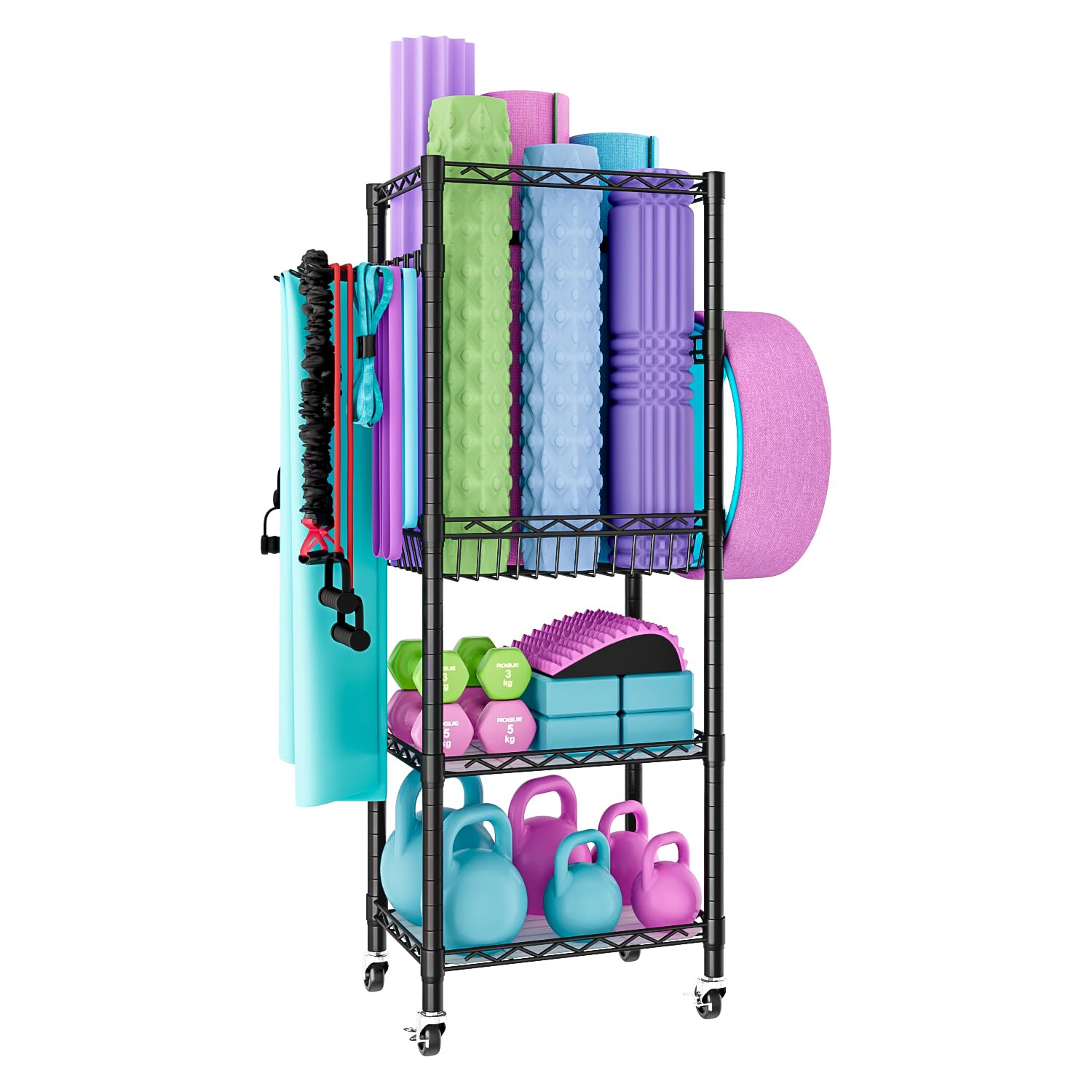 フィットネスグッズ収納 キャスター付き ヨガマット収納ラックダンベルラック ホームジム収納ラック 省スペース スチールラック ジムラック 組み立て簡単 幅42cm×奥行28cm×高さ125cm