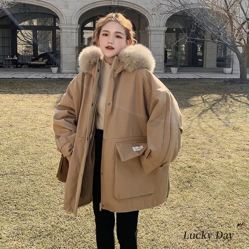 年新型冬韓系加絨加厚派オーバーのゆったり綿入れを克服して保温