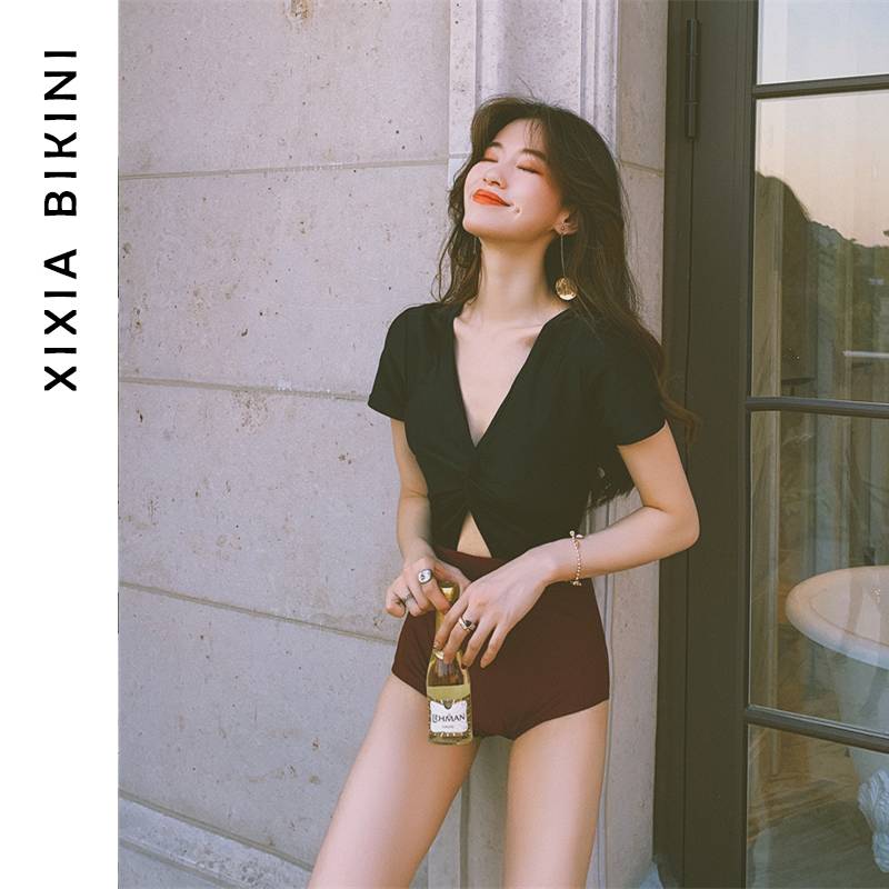 ワンピース 水着 レディース 無地 バイカラー ハイウエスト 美脚 脚長 体型カバー 二の腕カバー 半袖 胸元 谷間 日焼け防止 バックコンシャス かわいい 大人 きれいめ シンプル カジュアル