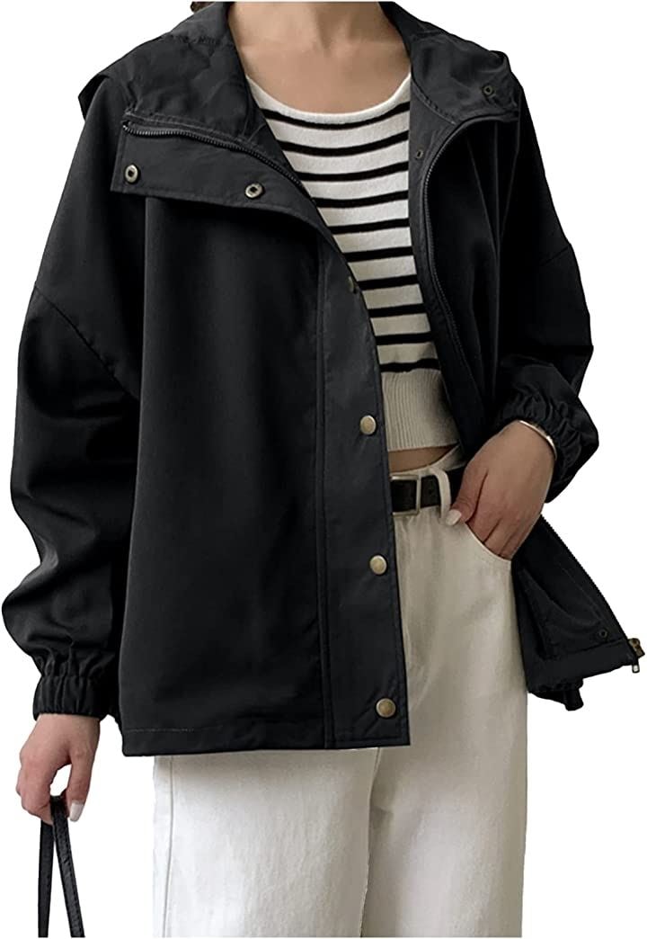 ブルゾン レディース ショート丈 アウター フード付き きれいめ スポーティ(ブラック, Free Size)