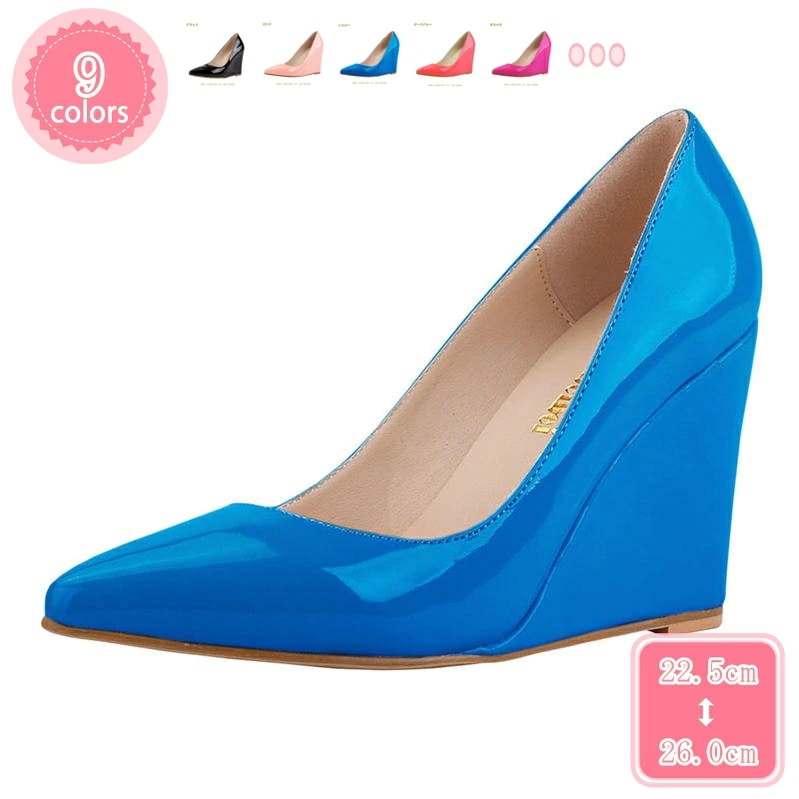 1000円OFFクーポン パンプス ポインテッドトゥ ウエッジソール ハイヒール10cm シンプル 高いヒール 大人カジュアル 美脚 夏 サマー レディース靴 エナメル 黒 黄 青色 厚底 大きいサイ 15,466円