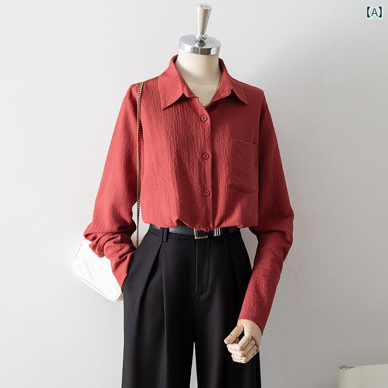 レディース シフォンシャツ ブラウス 長袖 春秋 良質感 フレンチ 軽量 赤 シャツ襟 ポケット 縦織 シングルブレスト エレガント フェミニン 上品 シンプル 大人シック 華やか スタイリッシュ
