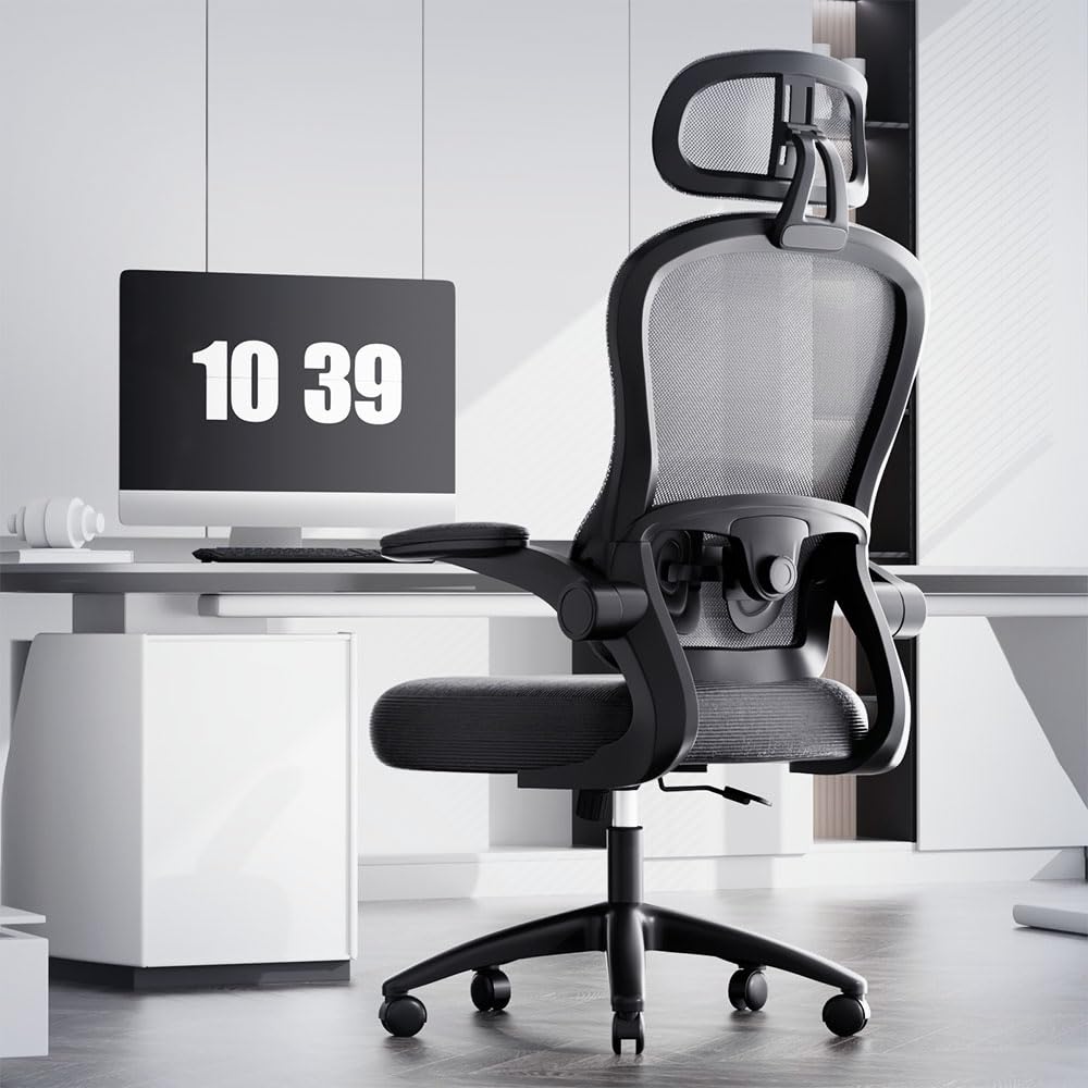 オフィスチェア 人間工学椅子 ハイバックサポート, 快適なメッシュデスクチェア 家庭用 & ゲーム用, 耐荷重165kg, 調節可能 & ローリングホイール (ブラック)