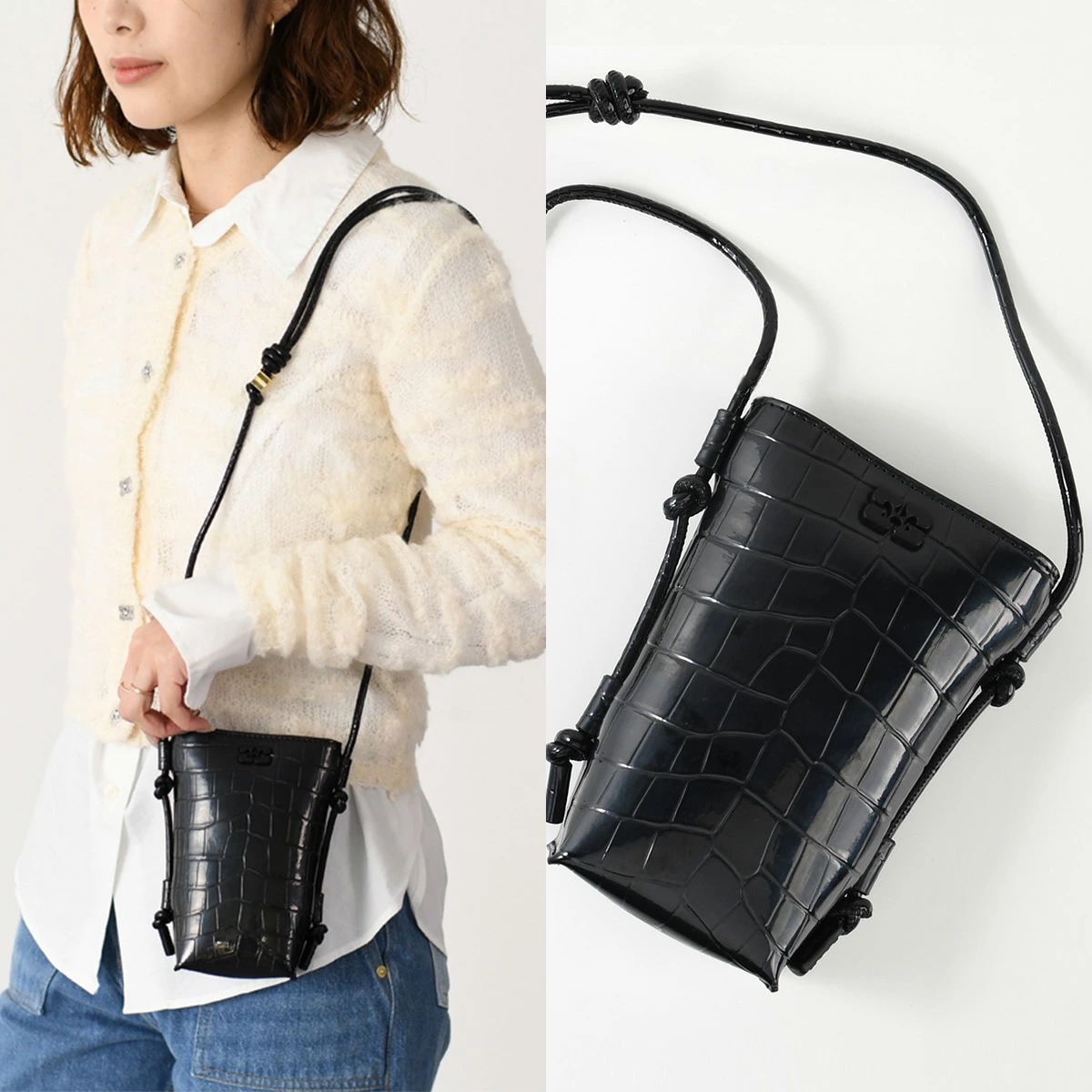 バッグ ショルダーバッグ CROCO PATENT BOU CROSSBODY BAG A6145 レディース ブラック クロコダイル柄 ミニバッグ