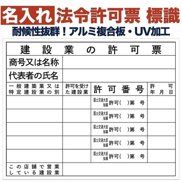 名入れあり 法令許可票 建設業の許可票（店舗） 標識 看板 500mm400mm アルミ複合板