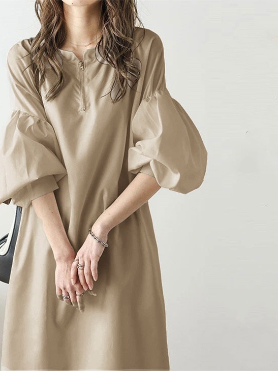 【No.1 人気商品】 二色選べる エレガント 無地 ラウンドネック ランタンスリーブ カジュアルワンピース