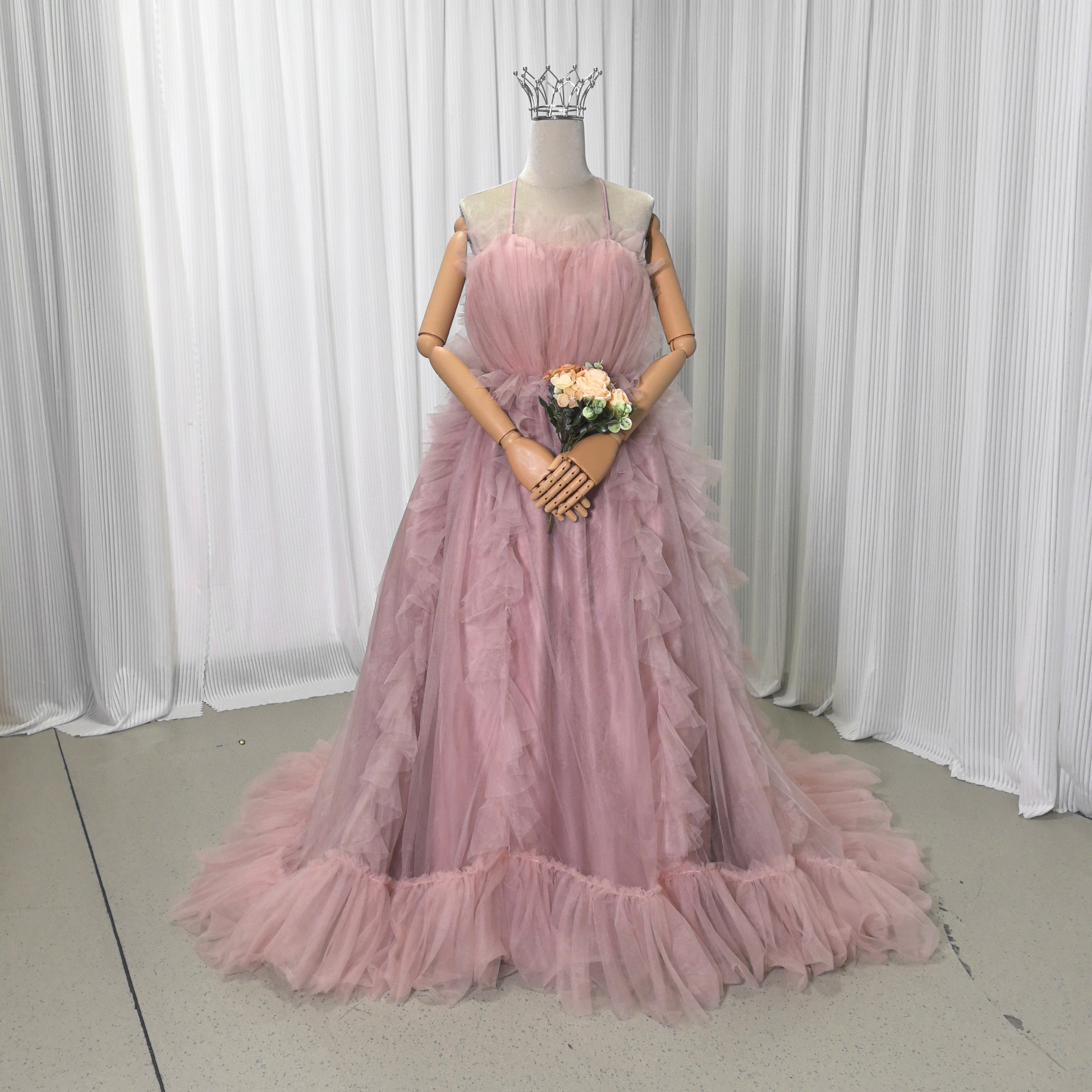 カラードレス ピンク キャミソール ソフトチュール 編み上げ バックレス リボントレーン