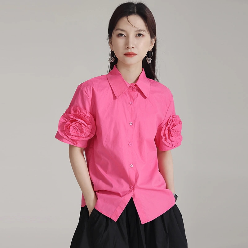 【J.Fashion】 2024夏新品 フリルブラウス 半袖 ローズ飾り 無地 レディース ブラウス UVカット 関連商品は店で購入可能30%までに制限 5,199円