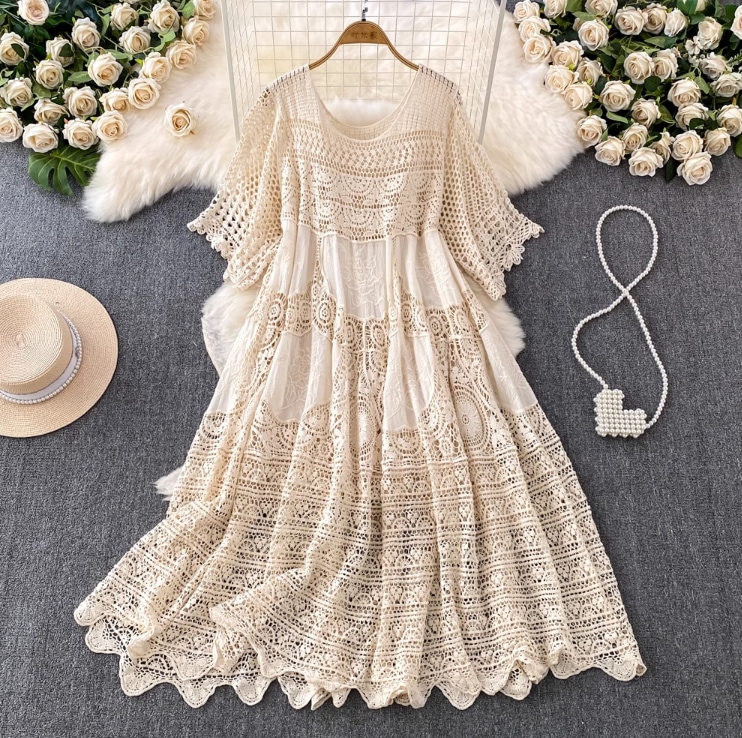 レディース ワンピース 5分袖 フレアスリーブ レース 刺繍 透け感 かぎ針編み 薄手 カジュアル レトロ アジアン こなれ感 ラフ 抜け感 キュート カントリー ナチュラル フラワー 10代 20代