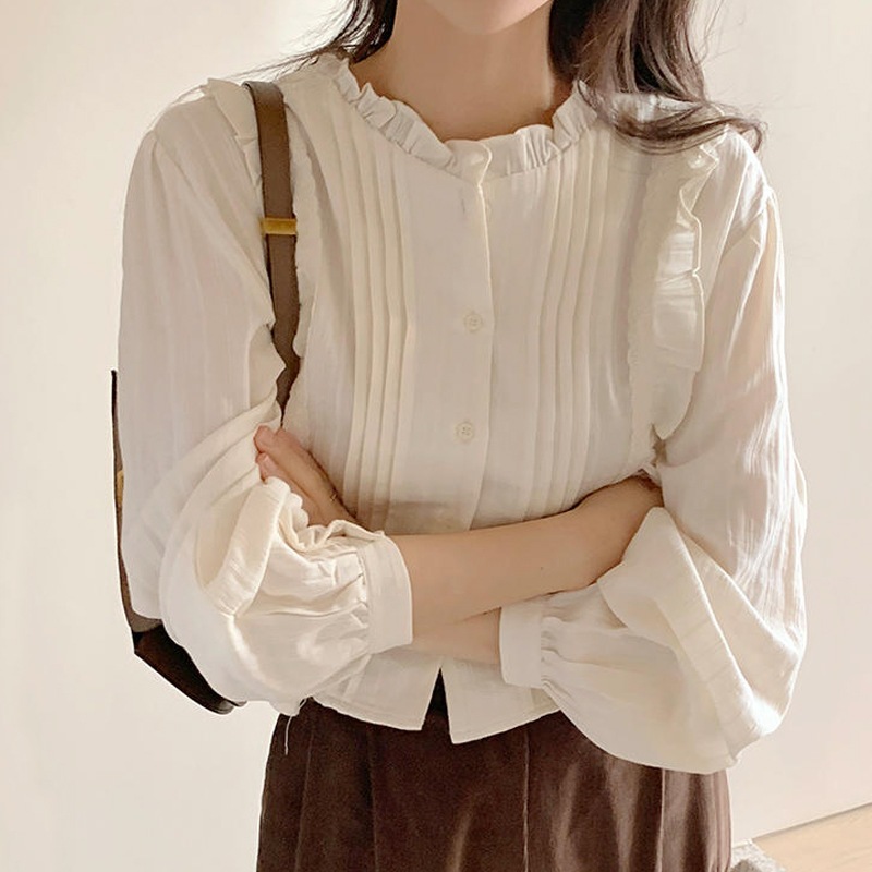 トップス シャツ ブラウス 袖あり 長袖 スタンドカラー フリル 前開き 薄手 かわいい 大人可愛い シンプル おしゃれ お洒落 かっこいい レトロ こなれ感 ラブリー キュート ガーリー 無地 春 5,096円