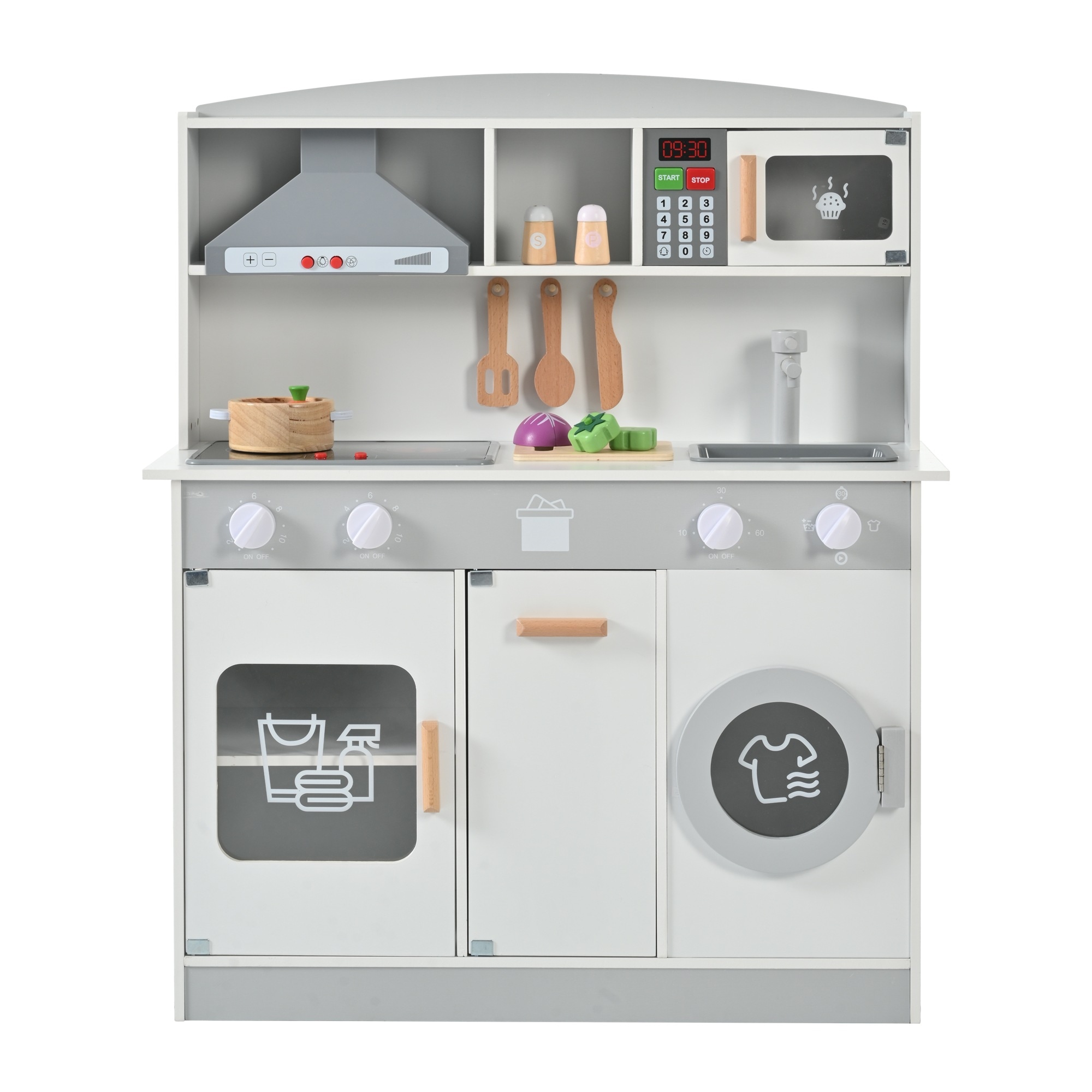 【国内急速発送.送.料.無.料！】おままごと キッチン 木製 台所 ライト付き 調理器具付き 調味料 食材 野菜 知育玩具 コンロ 電子レンジ 家事 おもちゃ キッズ ベビー 誕生日 プレゼント【ホワ