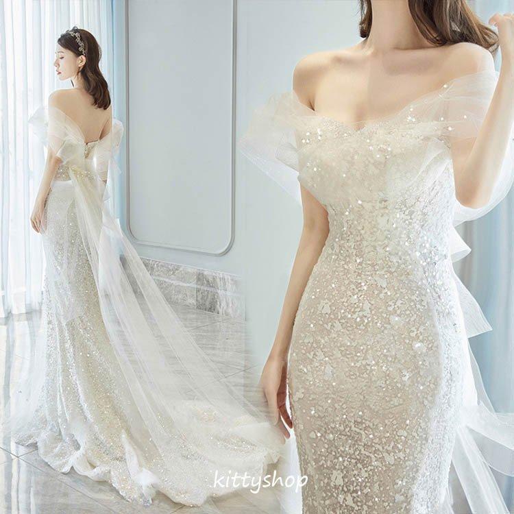 ウェディングドレス 白 チュール 花嫁ドレス トレーンドレス 結婚式ドレス キラキラドレス 二次会ドレス 海外挙式 マーメイドドレス オフショルダー