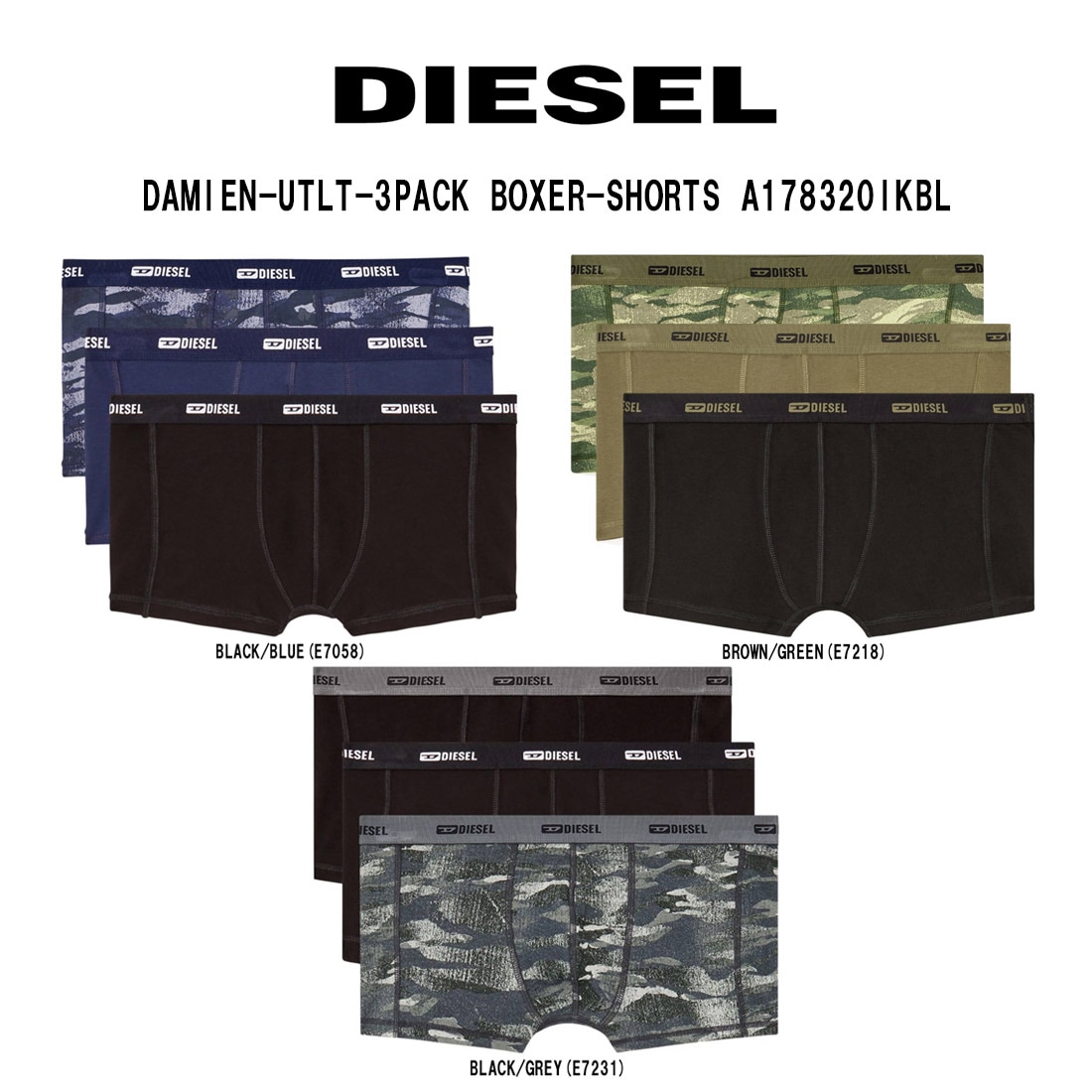 DIESEL ボクサーパンツ 前閉じ 無地 ロゴ コットン 3枚組 セット メンズ 男性用 DAMIEN-UTLT-3PACK BOXER-SHORTS A178320IKBL