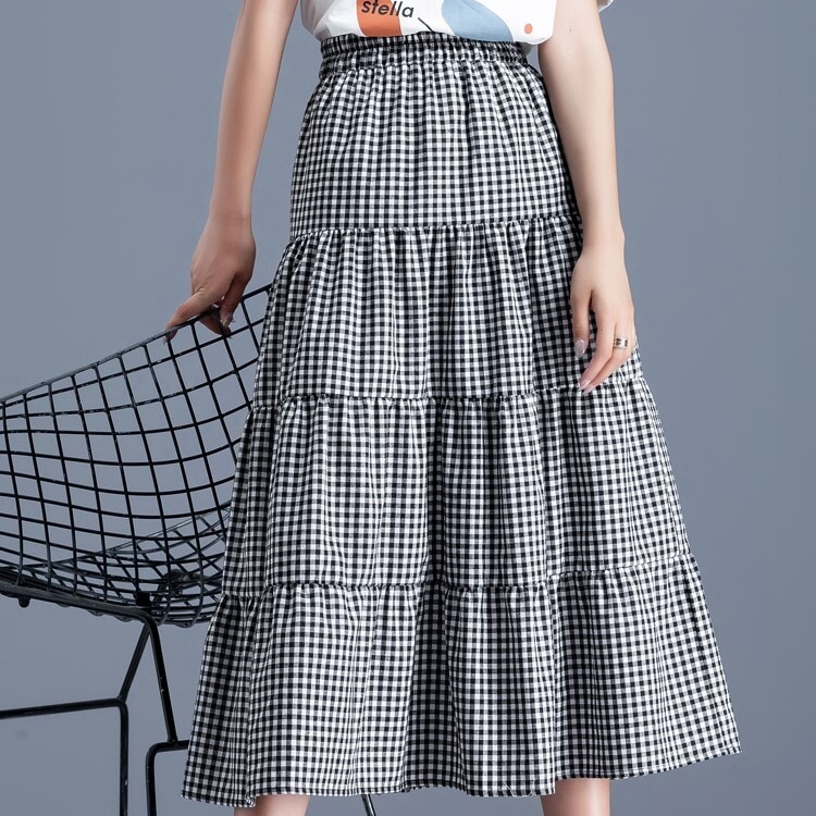 黒と白の格子縞のスカート女性夏春秋a字スカートプリーツ中長 スカート プリーツスカート フレアスカート ミモレ丈 Aライン プリーツ ウエストマーク ハイウエスト 大人可愛い きれいめ シンプル