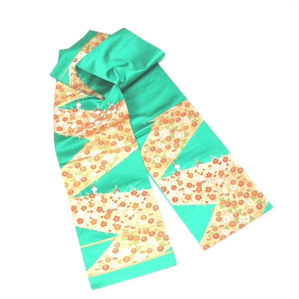 袋帯 梅の花 緑