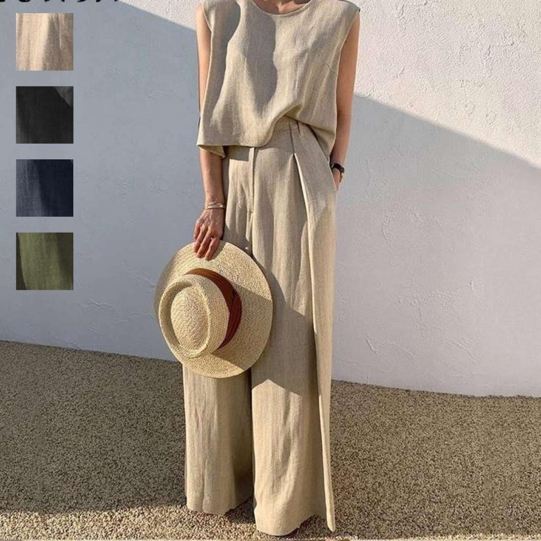 贩売促进 【セットアップ】着回せるノースリーブ&ワイドパンツ トップス 袖なし カットソー クロップド丈 ボックス裾 ボトム ワイド フルレングス タック ポケット ラフ リラックス お出かけ デイリ