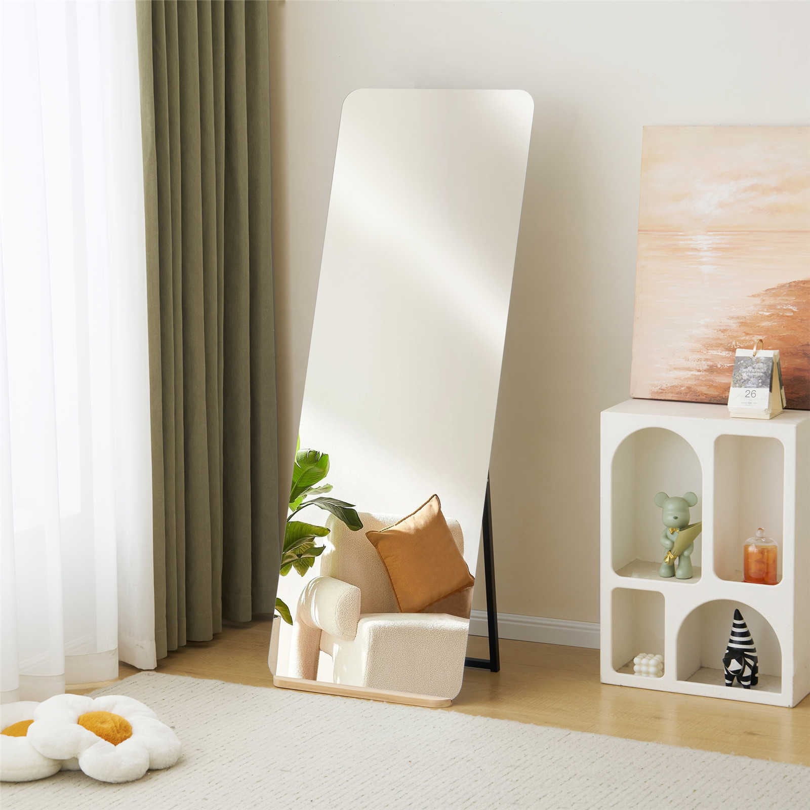 【日本国内出荷-3日で配達】丸角長方形LEDなし55×155cm玄関全身鏡おしゃれウェーブミラースタンド 壁掛け立て掛け DIY 自撮り鏡姿見 飛散防止加工 スリムミラー インテリアDJYC149