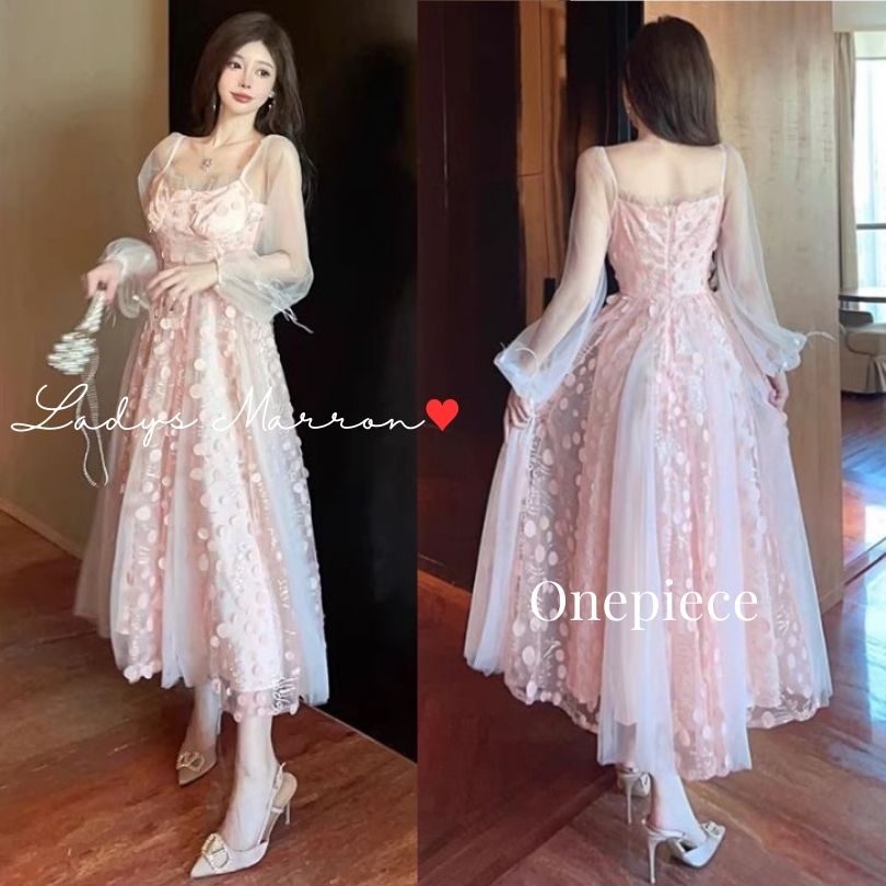 【毎日厳選 】 お呼ばれドレス 結婚式 お呼ばれワンピース パーティードレス 韓国 ドレス ピンクドレス 花柄ドレス ガーリードレス ロングワンピース ロングドレス ドット 春 秋 長袖 ロング丈 可