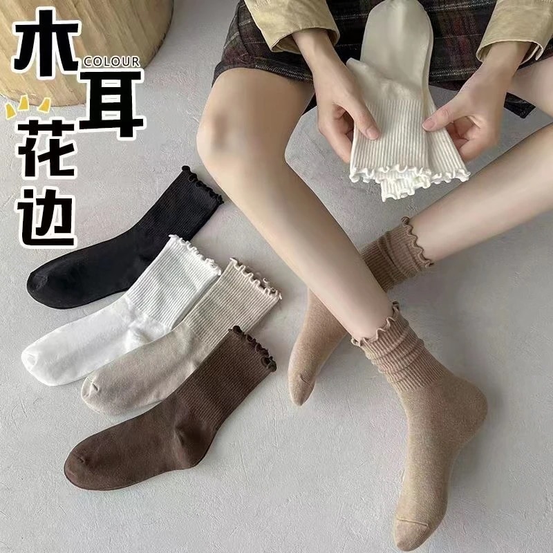 （NEW)靴下女性用春秋菌レースソックスイン日本製オールマッチミッドカーフソックス秋冬コーヒーパイル婦人靴下