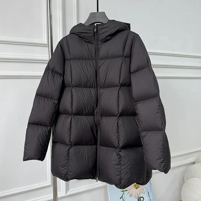 90% ホワイトダックダウン 高級感 ミディアム丈 ダウンジャケット レディース フード付き シュークリーム 大サイズ 2026冬