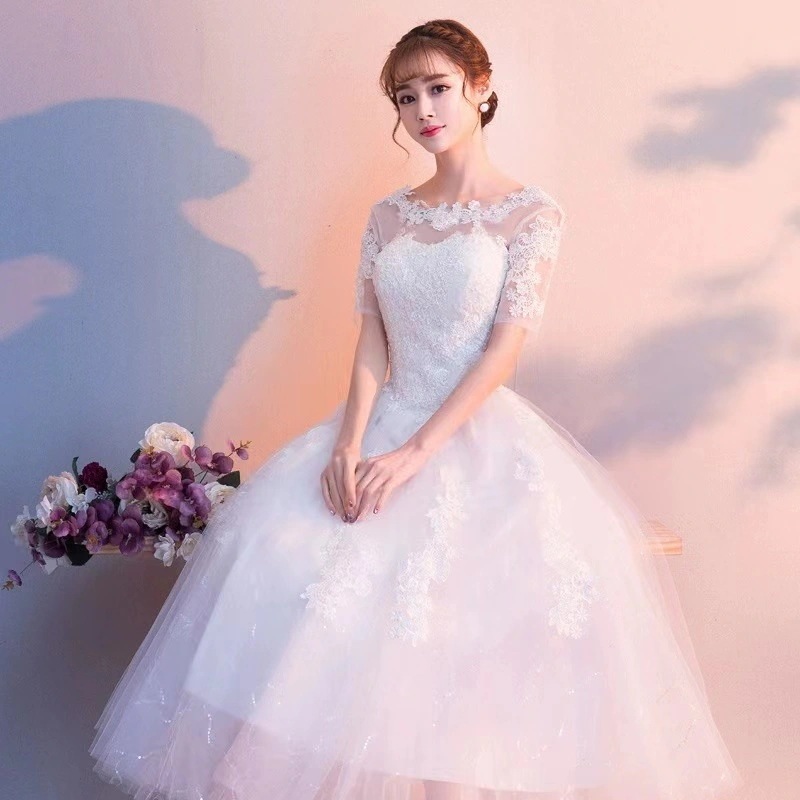 花嫁ドレス レース ウエディングドレス Aライン 二次会 半袖 白 花嫁 エンパイア シンプル披露宴 前撮り ブライダル ロングドレ