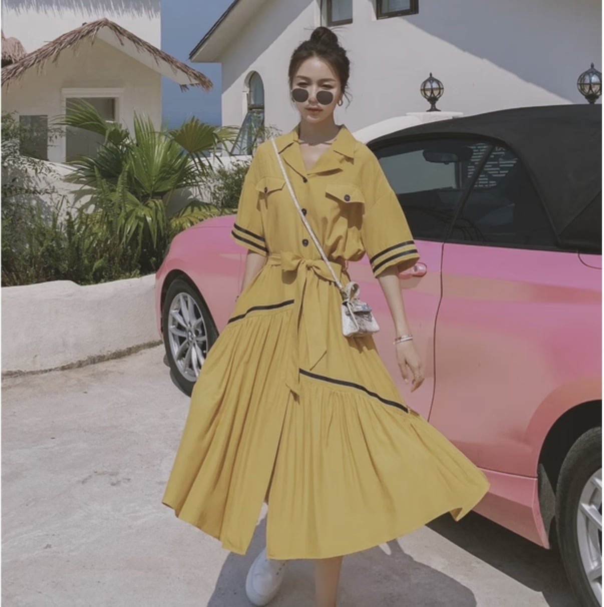 ワンピース レディース ワンピドレス シャツワンピース フレアワンピース ティアード ロジスワンピ 個性的 春服 夏服 ミモレ ロング 袖あり 五分袖 二の腕カバー 襟付き レギュラーカラー