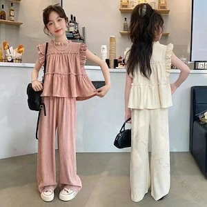 [8月底値]キッズ 子供服 セットアップ 上下セット Tシャツ+長ズボン 2点セット 女の子 ジュニア tシャツ 薄手 ノースリーブ パンツ 長パンツ 長ズボン ワイドパンツ おしゃれ 可愛