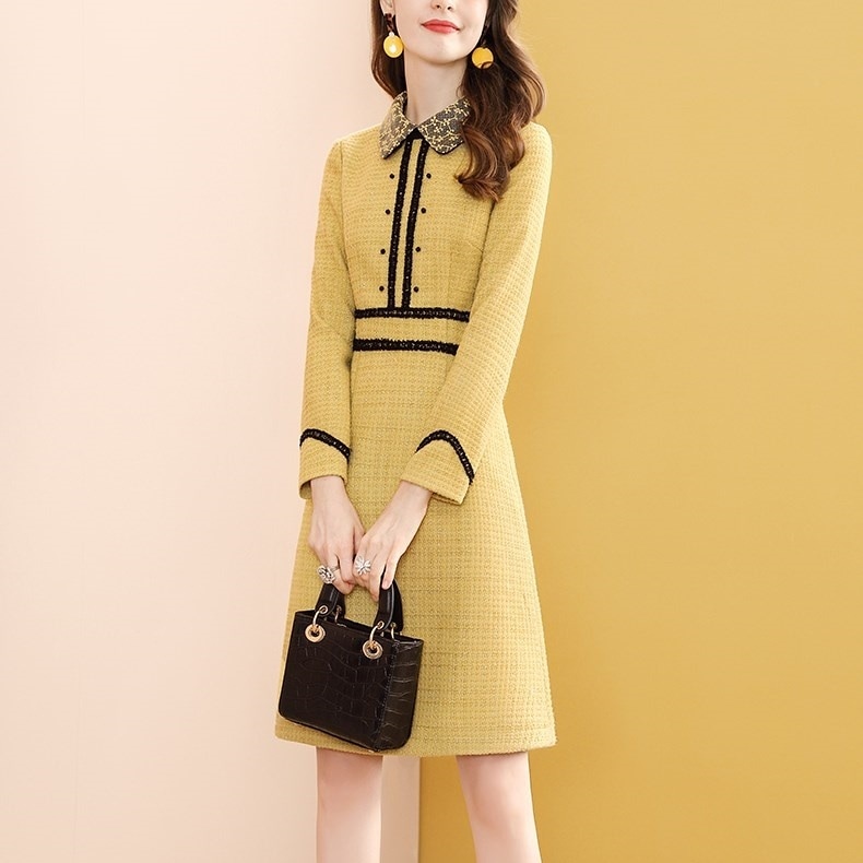 レディース ワンピース ミニ ミニ丈 膝上 長袖 襟付き 細身 Aライン ウエストマーク かわいい